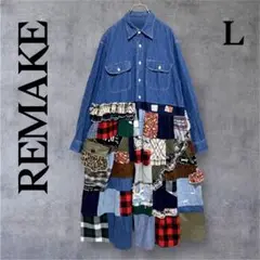 Lサイズ リメイクデニムシャツワンピース クレイジーパッチワーク r0108