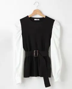 INGNI イング 袖異素材パワショル ペプラムニット クロ ベルト付きトップス