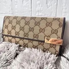 GUCCI GGキャンバス 長財布　L字ファスナー　ロゴプレート　ダークブラウン