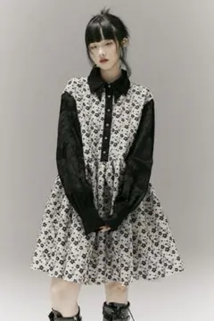FUSSED ジャガード ワンピース ドレス フレア 襟付き 花柄　長袖