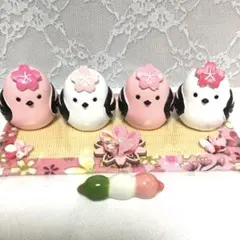桜畳の上のピンク白シマエナガのお花見選べるつまみ細工かお団子