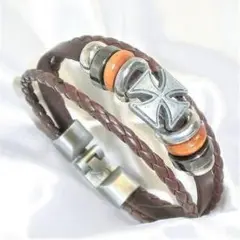 ブレスレット　レザーブレスレット　新品　未使用 クロス　十字章　ブラウン　茶色