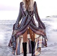 ボヘミアン ワンピース ビーチ ガウン リボン マキシ パープル シースルー