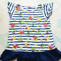 MIKI HOUSEホットビスケッツ花柄フリル付きストライプTシャツ110