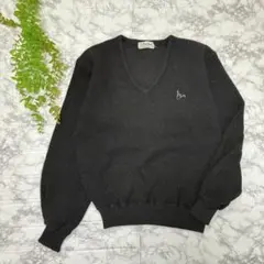 ウール100% Vネックニット 黒 刺繍ワンポイント 上質素材 L シンプル