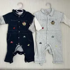 プティマイン ロンパース 80 2枚セット 美品 刺繍 車 くま 男の子