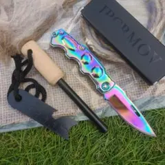 ⭐️折り畳み虹色ナイフ+ファイヤースターター+火口セット(ファットウッド)⑳