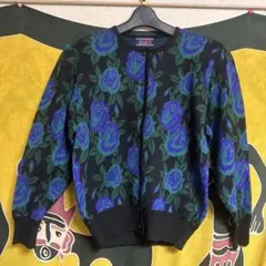 薔薇柄　ニットカーディガン　バラ　昭和レトロ　　黒×パープル　ウール100%