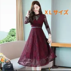 ワンピース Aライン 膝丈 XＬ 赤 レース 結婚式 お呼ばれ パーティー