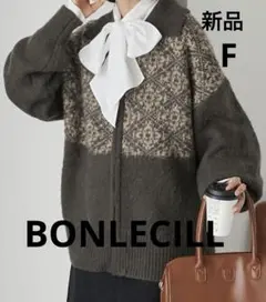 新品　ジャガード柄　ニットブルゾン　F チャコールグレー