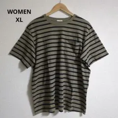 GU ボーダークルーネックT(半袖) カーキ×ブラック WOMEN XL