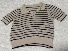 韓国カジュアル ストライプ ポロ襟 半袖ニット