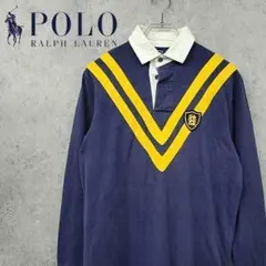 古着 ポロ ラルフローレン 希少 刺繍ロゴ 長袖 ポロシャツ ネイビー 90s