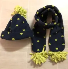 美品 GAP マフラー&帽子 2点セット フリース地 ネイビー×イエロー ハート