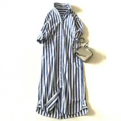 美品△TICCA//ビッグスクエアロングシャツワンピース△ブルー