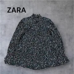 ZARA花柄 プリーツ ブラウス フリルネック 2way ネイビー 紺 M