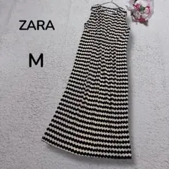 【ZARAザラ】ジグザグパターン　ボーダー　ノースリーブロングワンピース　透け感