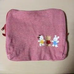 Familia　赤と白のストライプ刺繍ポーチ