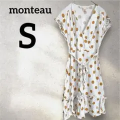 monteau 【S】ドット柄 ワンピース 白 オレンジ 後ろゴム ひざ丈