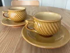 島根県 湯町窯 カップ&ソーサー 2セット 斜めしのぎ