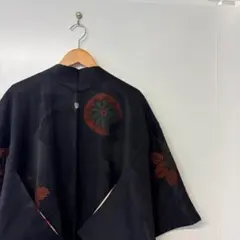 【一品物】黒 羽織 丸紋 花柄 和柄 レトロ 和モード 古着 ユニセックス