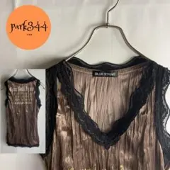 【BLUE STRIVE　ベロア　シワ加工　ロゴ　レースデザイン　タンクトップ】