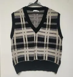 レディース チェック柄 ニットベスト Vネック