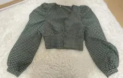 チェック柄 Vネック クロップドブラウス