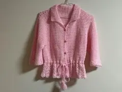 ピンク 編み物 半袖カーディガン　ハンドメイド