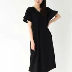 OPAQUE.CLIP 黒 フリル袖 Vネック ワンピース 38　綿100％