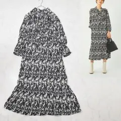 ユナイテッドアローズ GLR ブラー プリント ボウタイ ワンピース ロング 黒