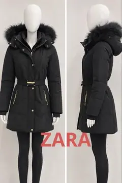 ZARA ダウンジャケット フード付き ベルト付き ブラック S セミロング 