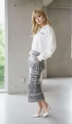 GYDA メランジニットフリンジロングスカート