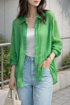【美品】LOWRYS FARM シアーシャツ グリーン Fサイズ 透け感 羽織り