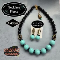 ペパーミントと黒／アクリルビーズネックレスとピアスのセット／◆菱形ピアス