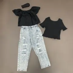 【100】女の子用 ブラウス ＆ ダメージジーンズ セット