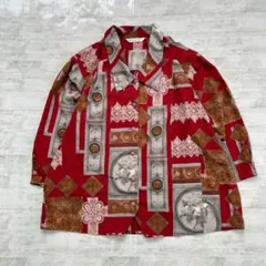 ヴィンテージ　レトロ柄 ブラウス 総柄シャツ 赤系 昭和レトロ　ボタン　半袖