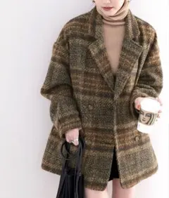 ブークレー起毛チェック柄 オーバーサイズ ダブルジャケットコート