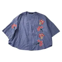 ZARA 花刺繍 短丈ストライプシャツ 羽織り フレア袖 ゆったり