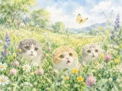 C3】雨宿りする猫たちと紫陽花の庭 /水彩画風アートプリントA4サイズ