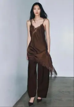 サテンレースキャミソール　ブラウン　Lサイズ　ZARA風　アシンメトリー