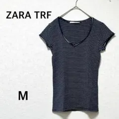 ZARA TRF ネイビー/ホワイトストライプ Vネック Tシャツ M