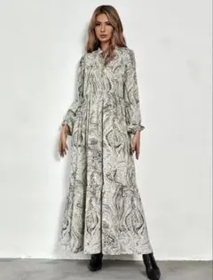 【美品】SHEIN マーブル大理石柄 ロングワンピース グリーン 長袖 M