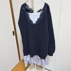 MERCURYDUO　マーキュリーデュオ　レース付きネイビーニットワンピース