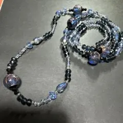 ネックレス ブルー ゴールドカラー ミックス素材 ガラス 樹脂 とんぼ玉