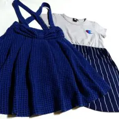 青と黒の千鳥柄リボン付きスカート、Championドッキングワンピース