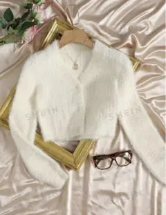 SHEIN EZwear ボタンフロント ファジー カーディガンニット