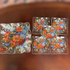 花柄ガラス皿セット 波型デザイン　昭和レトロ