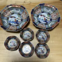 有田焼 古伊万里 幸楽窯 錦色絵山水 六角皿 5枚セット18cm 箱無し