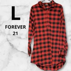 FOREVER 21 レッド ブラック チェック 長袖 チュニック L